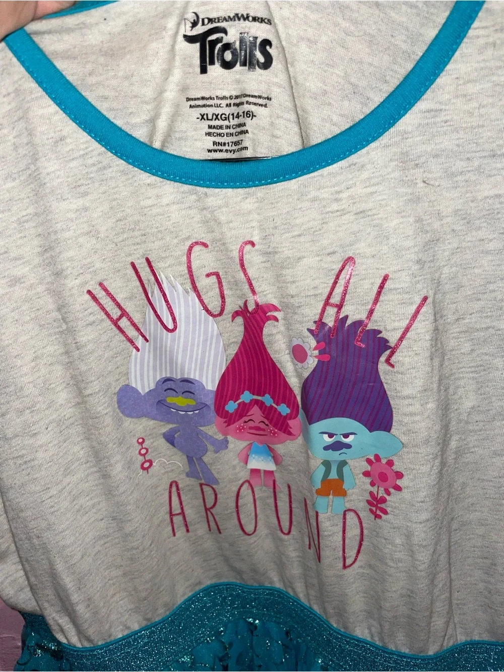 NWOT DreamWorks Trolls Hugs All Around Girls Dress Size (14-16) Teal Sparkle